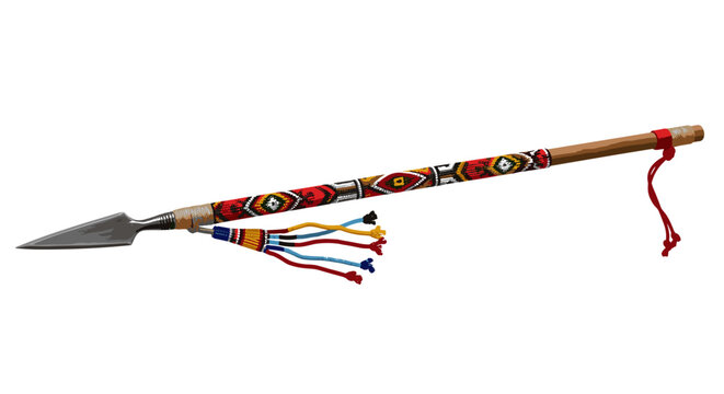 Beaded African spear with sharp metal point on white background.