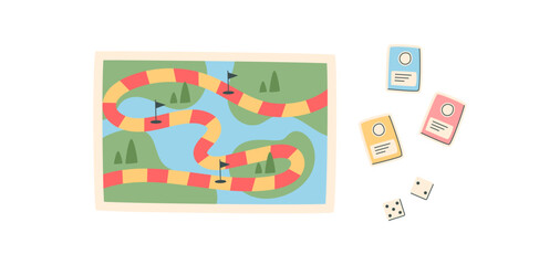 Flat path board game with colorful map. Interactive snake route with dice and cards for fun play. Perfect for table entertainment and family leisure, playful vibrant graphic style, ideal hobby