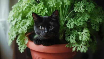 Black cat in a plant pot