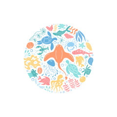 Round underwater concept with marine life sticker. Ocean creatures like fish, turtle, and jellyfish in a vibrant circle. Reef, crab, and aquatic elements create a colorful doodle pattern. Perfect for