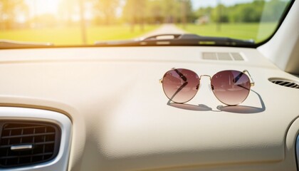 Sunglasses resting on car dashboard with sunlight streaming in  