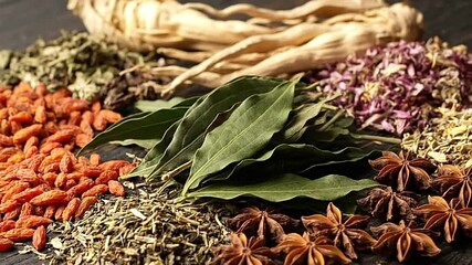 Herbs and spices goji berries bay leaves star anise ginseng sage oregano