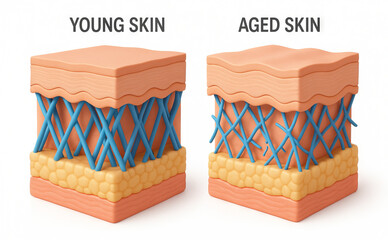 Illustration comparing young and aged skin layers highlighting elastic structures and aging process concept of dermatology, youthful appearance, skin health