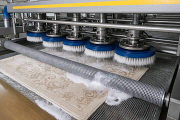 Industrial machine cleaning an elegant beige rug with rotary brushes and soap in a textile factory. concept of textile maintenance, industrial cleaning process, carpet care.