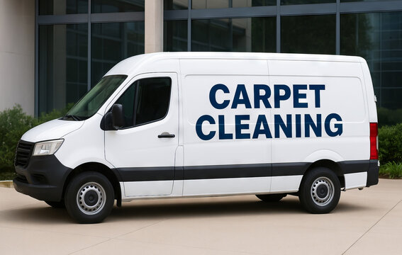 White carpet cleaning van parked outdoors during daytime. concept of professional cleaning services, business transportation, clean vehicle.