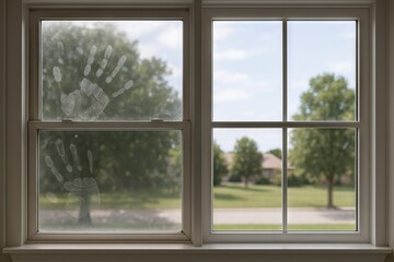 Dirty window with visible handprints compared to clean glass with clear outdoor view. Concept of before and after window cleaning, household maintenance, hygiene improvement, home care comparison