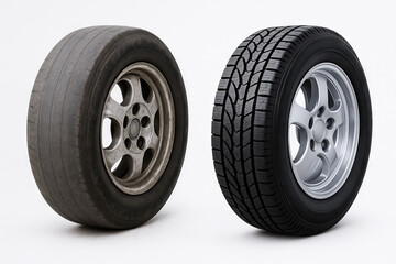 Comparison of worn and new car wheels with tread patterns highlighting tire transformation and automotive maintenance concepts