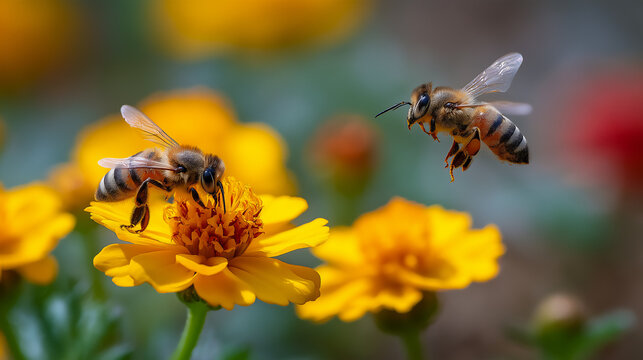 Honey bees flying and landing on bright yellow flower to feed on pollen in Spring garden - Powered by Adobe