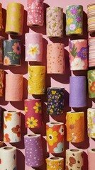 Fototapeta premium Colorful rolls of patterned paper towels arranged on a pink background