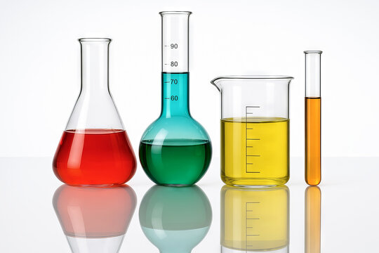 Glass laboratory flasks with colorful liquids for scientific experiments on a reflective surface. concept of chemistry, science tools, laboratory equipment