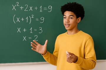 Young african american teen solving math equations on green chalkboard in classroom setting. concept of education, learning process, academic achievement