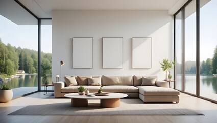 Modern living room interior design with lake view and blank art frames mockup space