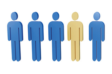 3d group of people icon. yellow person standing among blue figures. individuality and leadership concept. minimal human symbol isolated on white. 3d render.