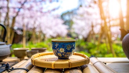 Ornate teacup on bamboo tray in blooming cherry garden