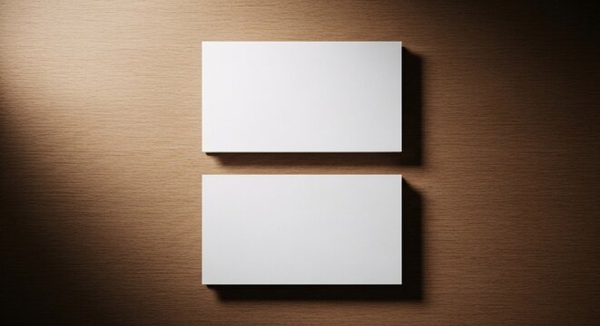 Clean white blank business cards stacked on a warm wooden surface, ready for professional branding and design
