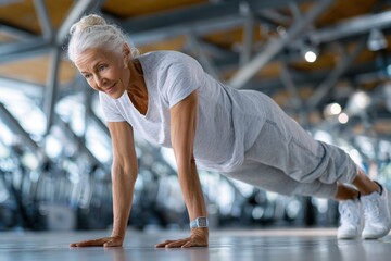 Fototapeta premium Older woman exercises with push-ups in a modern gym during the daytime