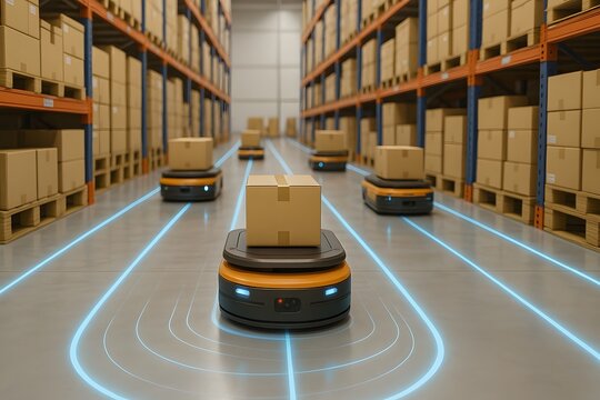 Automated Guided Vehicles in Warehouse Environment Optimizing Logistics with Modern Technology for Efficiency and Speed in Package Delivery