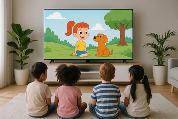Children watching cartoons together in living room, fostering creativity and entertainment, concept of childhood fun, learning through animation, shared enjoyment