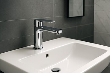 Fototapeta premium Chrome faucet in bathroom interior on modern sink with minimalist design and contemporary decor. concept of home bath, plumbing fixture, stainless steel elegance