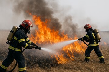Naklejka premium Brave firefighters battling a dangerous wildfire in the dry grassland using powerful water hoses to control the flames. concept of heroism, firefighting, emergency response.