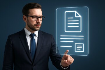 Professional man in suit interacting with futuristic digital holographic document interface in virtual office setting. concept of technology innovation, modern business, digital communication.