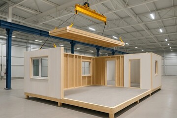 Assembly of a modular home in a modern factory setting highlighting innovative construction techniques and contemporary architecture concepts