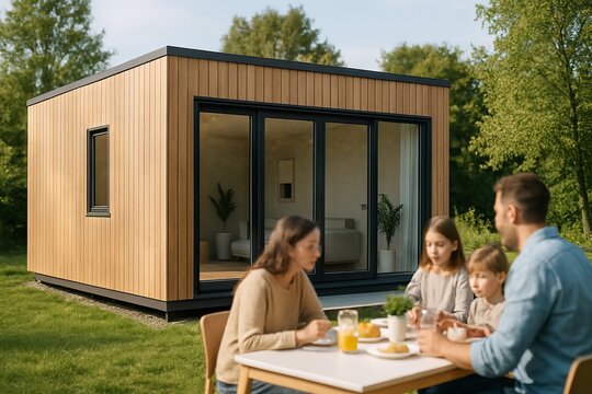 Family enjoying breakfast outside a modular home in a scenic green environment with refreshing orange juice and fresh air. concept of modern living, family time, outdoor relaxation.