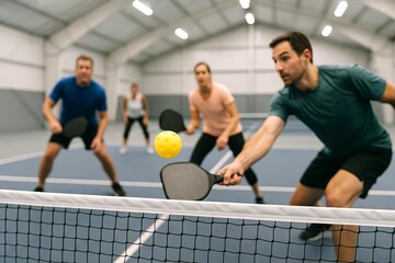 Group of adults playing pickleball on indoor court with competitive spirit and focus. concept of team sport, active lifestyle, recreational fun