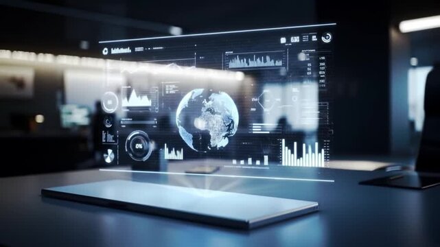Futuristic Data Display: A sleek, illuminated interface floats in the air, showcasing intricate data visualizations, global maps, and cutting-edge technology that will impress tech enthusiasts.