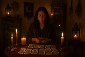 Tarot reader in dimly lit sanctuary surrounded by candles and mystical decor. concept of spiritual guidance, fortune telling, mystic ambience