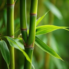 Fototapeta premium Close-up of vibrant green bamboo stalks and leaves