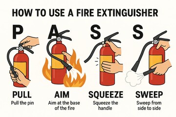 Guide to using fire extinguisher with pass method illustrated for safety and emergency situations