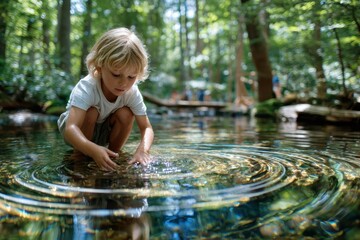 Child plays near clear water in a peaceful forest setting on a sunny day