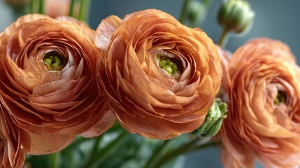 Close-up of three vibrant, apricot-colored ranunculus blossoms.  Soft focus on the petals, showing intricate detail.  Blends of light and shadow highlight the flower structure.  Muted background