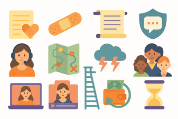 Communication and family flat icon set: messaging, maps, people, weather collection