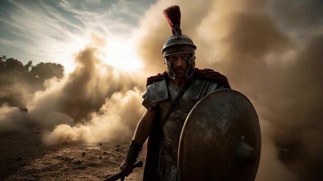 An Ancient Roman Soldier in a dramatic Battle Scene with Dust and Armor
