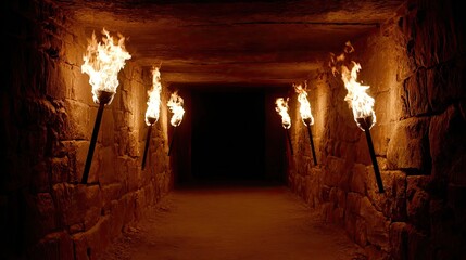Obraz premium Dark tunnel lit by flaming torches