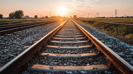 Fototapeta premium Railroad tracks stretching into a golden sunset