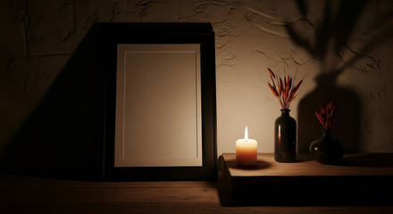Cozy candlelit corner with dried flowers and mirror