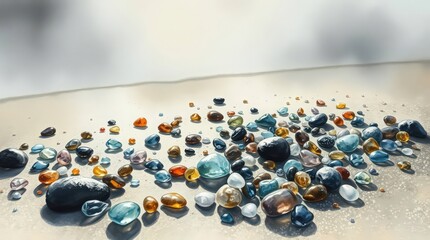 Gems on Beach: A mesmerizing array of colorful gems sparkles on a sandy beach, catching the light in a breathtaking display of natural beauty.