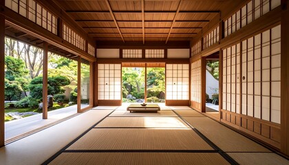 Tranquil Tatami Room with Garden View in Traditional Japanese House