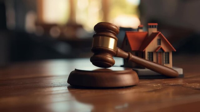 A gavel rests on a wooden surface, with a small model house in the background. This represents real estate law, legal proceedings related to property, auctions and ownership transfer decisions.