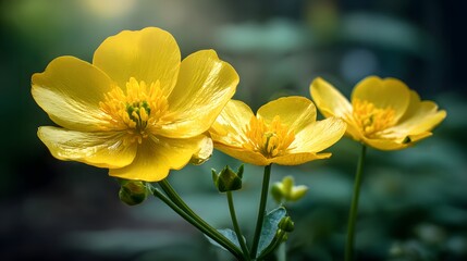 Fototapeta premium Radiant Marsh Marigolds Glow Softly in the Subtle Light of Early Springtime in the Wetlands