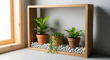 Wooden frame display with potted plants and pebbles