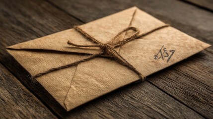 Fototapeta premium Aged kraft envelope tied with twine on a wooden table