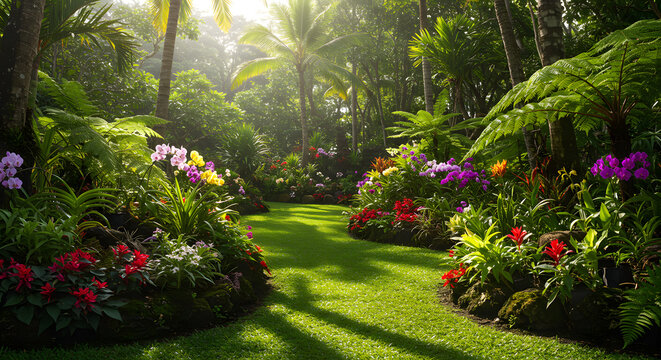 Lush Tropical Garden Path with Vibrant Flowers and Palm Trees in Paradise