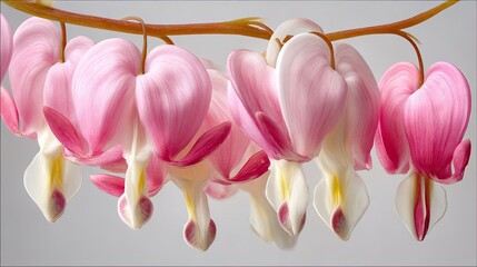 Fototapeta premium Close-up of delicate, light pink bleeding heart flowers hanging from a branch against a neutral gray background. 