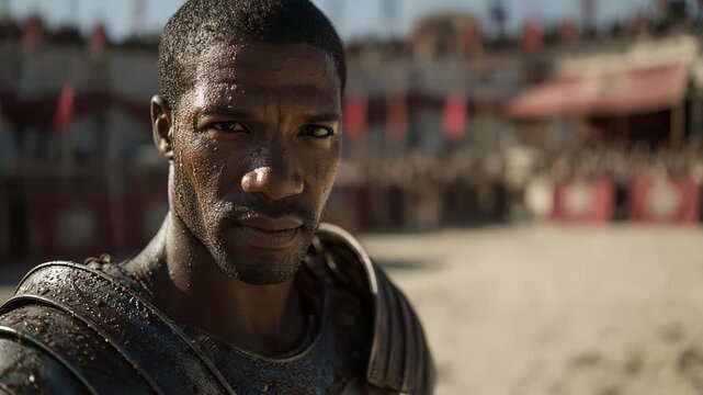 This is a striking and intense closeup portrait of a gladiator in the arena