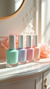 Pastel Nail Polish Bottles on Elegant Vanity: Soft, Feminine, Spring Colors