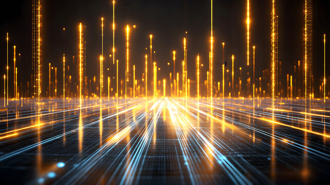 Futuristic digital grid with glowing vertical lines creates mesmerizing isometric pattern, evoking sense of advanced technology and innovation